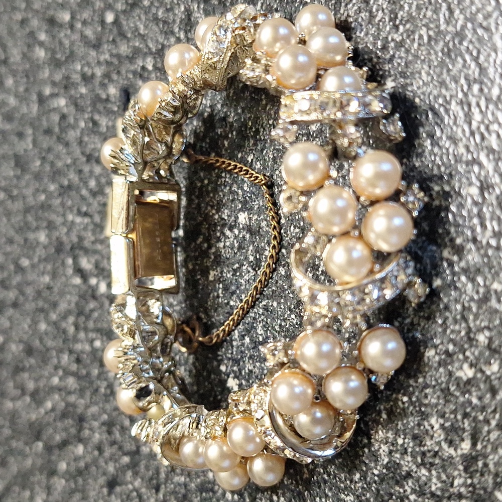 Rousseau Silver Tone Faux Pearl Bracelet w/Safety Chain
